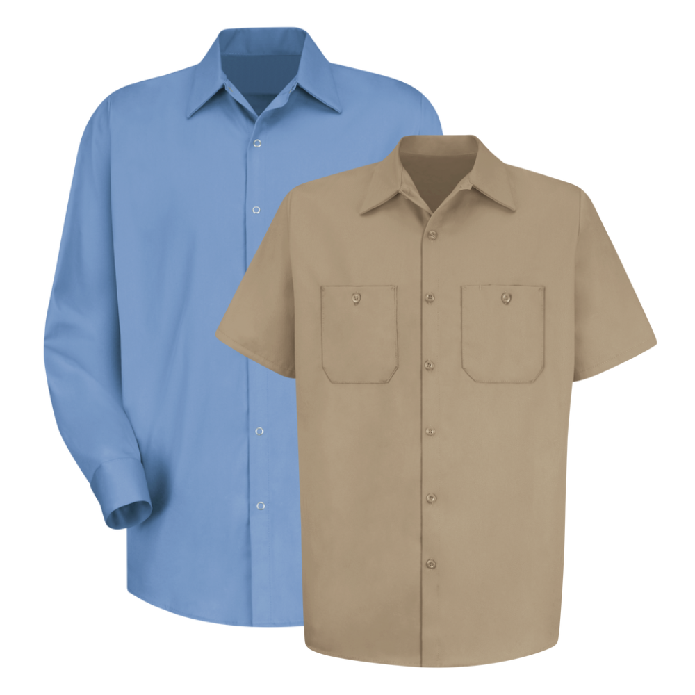 Light blue long-sleeve and brown short-sleeve cotton industrial work shirts