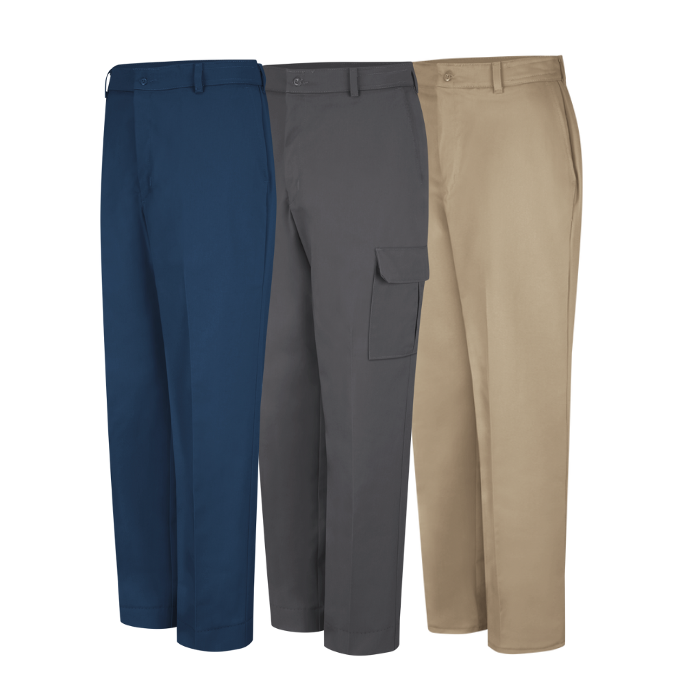 Navy, grey, and tan industrial work pants