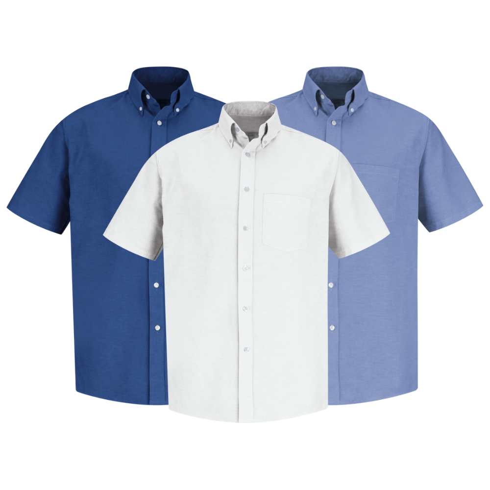 Oxford dress shirts. Dark blue, light blue, and white.