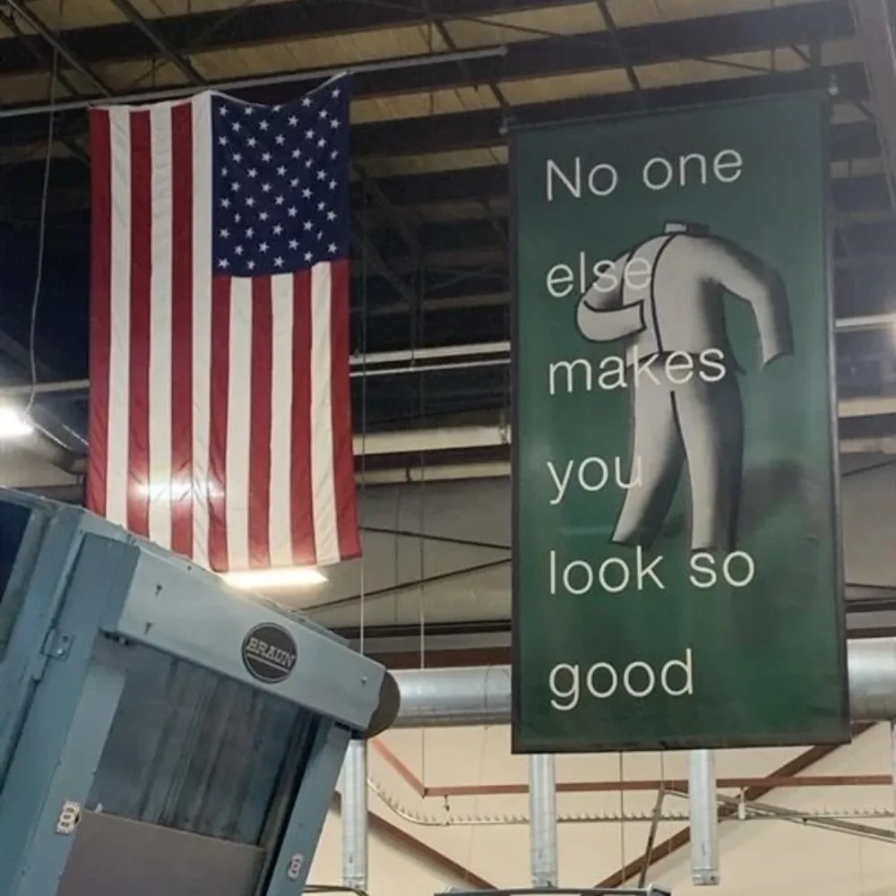 banner and USA flag hanging in warehouse